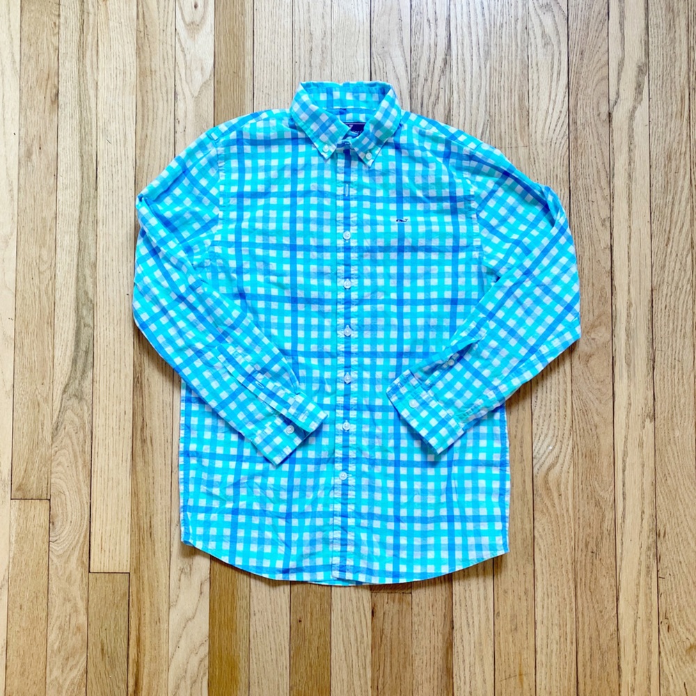 Vineyard Vines blue and green plaid boys dress shirt
